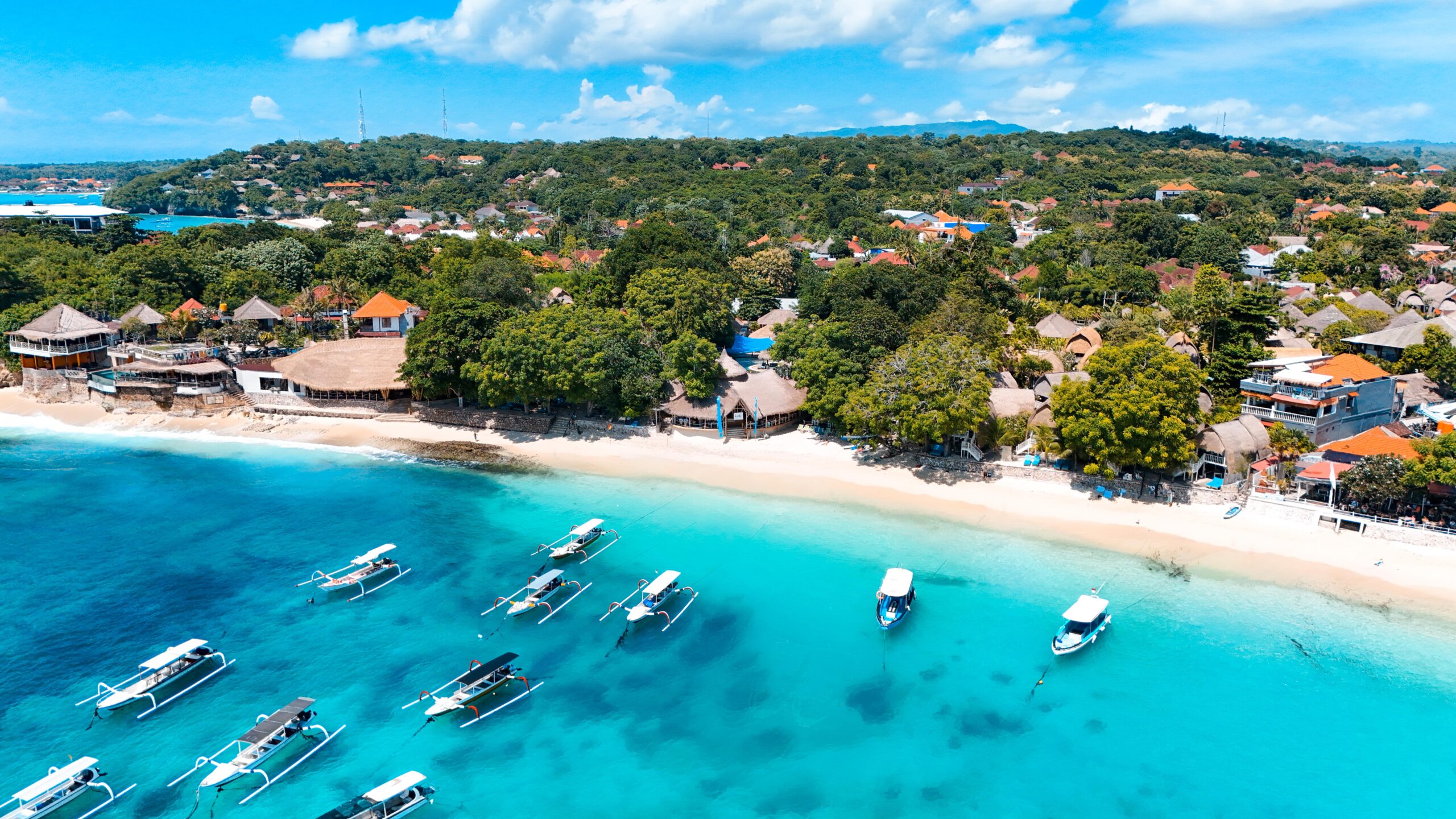 Aerial view of Mushroom Beach in Nusa Lembongan with turquoise water and beachfront scenery